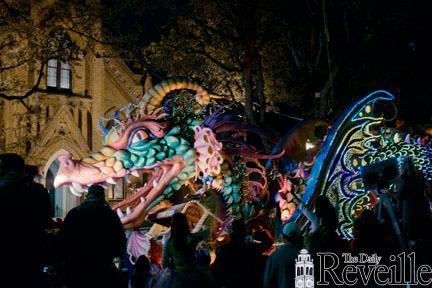 The Leviathan float in Orpheus flies down St. Charles Avenue in New Orleans on Monday.