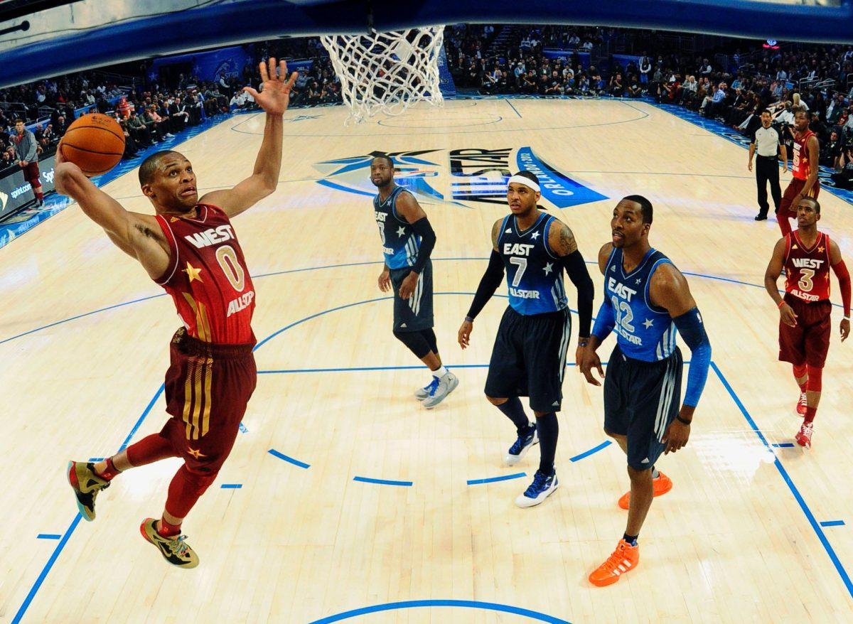 Western Conference&#8217;s Russell Westbrook (0), of the Oklahoma City Thunder, elevates for a dunk Sunday during the All-Star game.