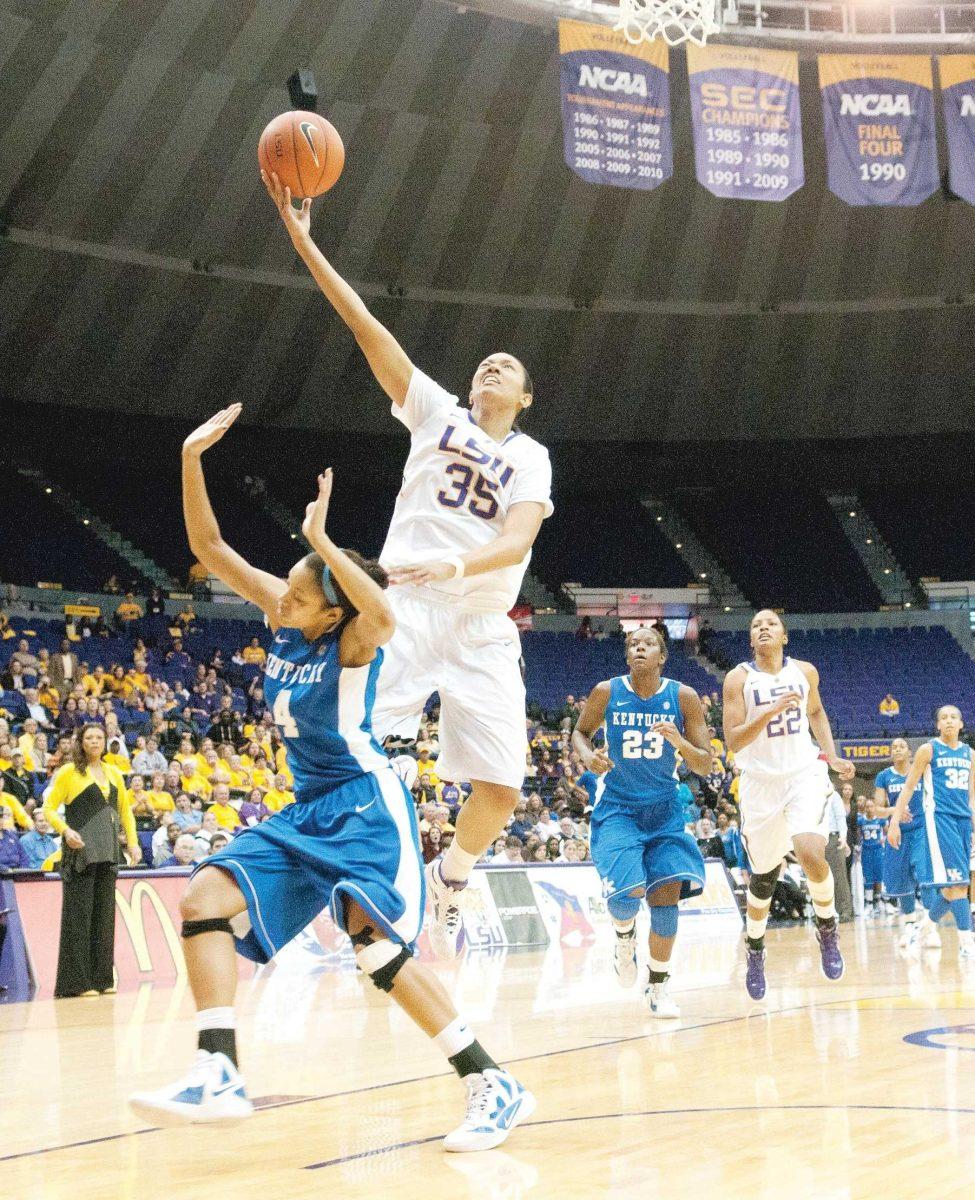 LSU senior forward Taylor Turnbow (35) goes up for a shot Sunday during the Tigers&#8217; 61-51 victory against Kentucky.