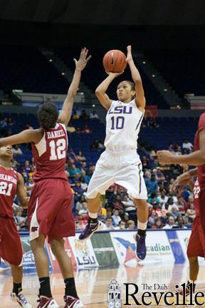 LSU junior guard Adrienne Webb (10) makes a jump shot Jan. 22 during the Tigers&#8217; 72-52 loss to Arkansas in the PMAC.