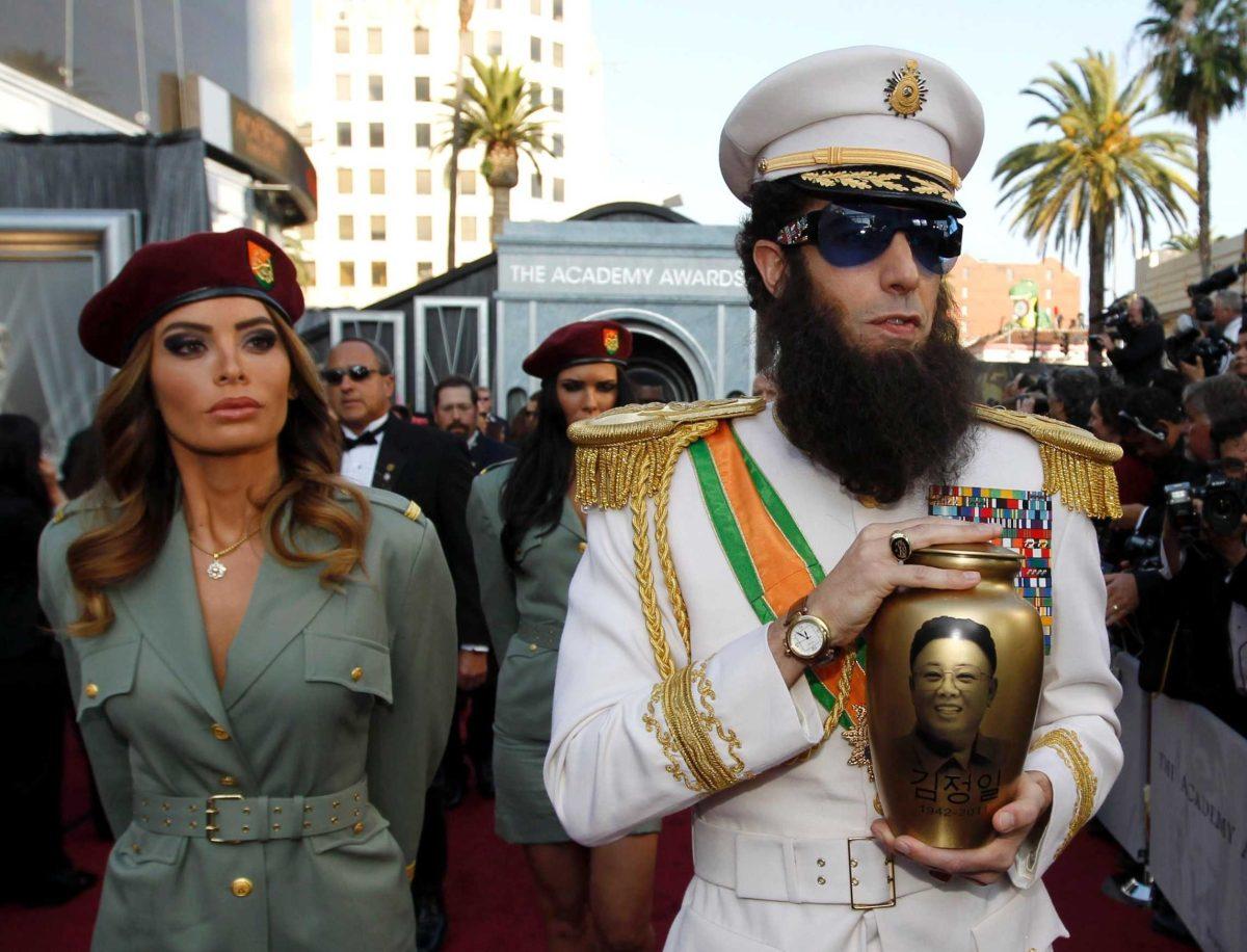 "Borat&#8221; star Sacha Baron Cohen arrives Sunday at the 84th Academy Awards in Los Angeles. Baron Cohen wore a costume from his upcoming movie &#8220;The Dictator.&#8221;