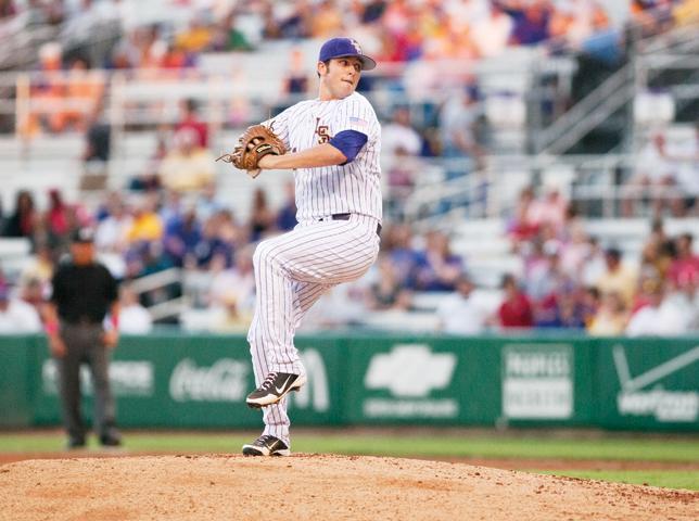 Sophomore pitcher Joe Broussard winds up to pitch in the Tigers' game against ULL on Wednesday.