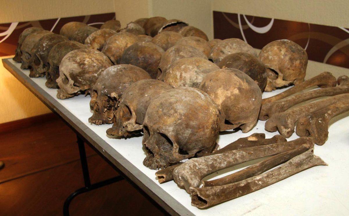 Human skulls and other bones that were found in a cave sit on a table at the Chiapas state attorney general&#8217;s office Saturday in Tuxtla Gutierrez, Mexico.