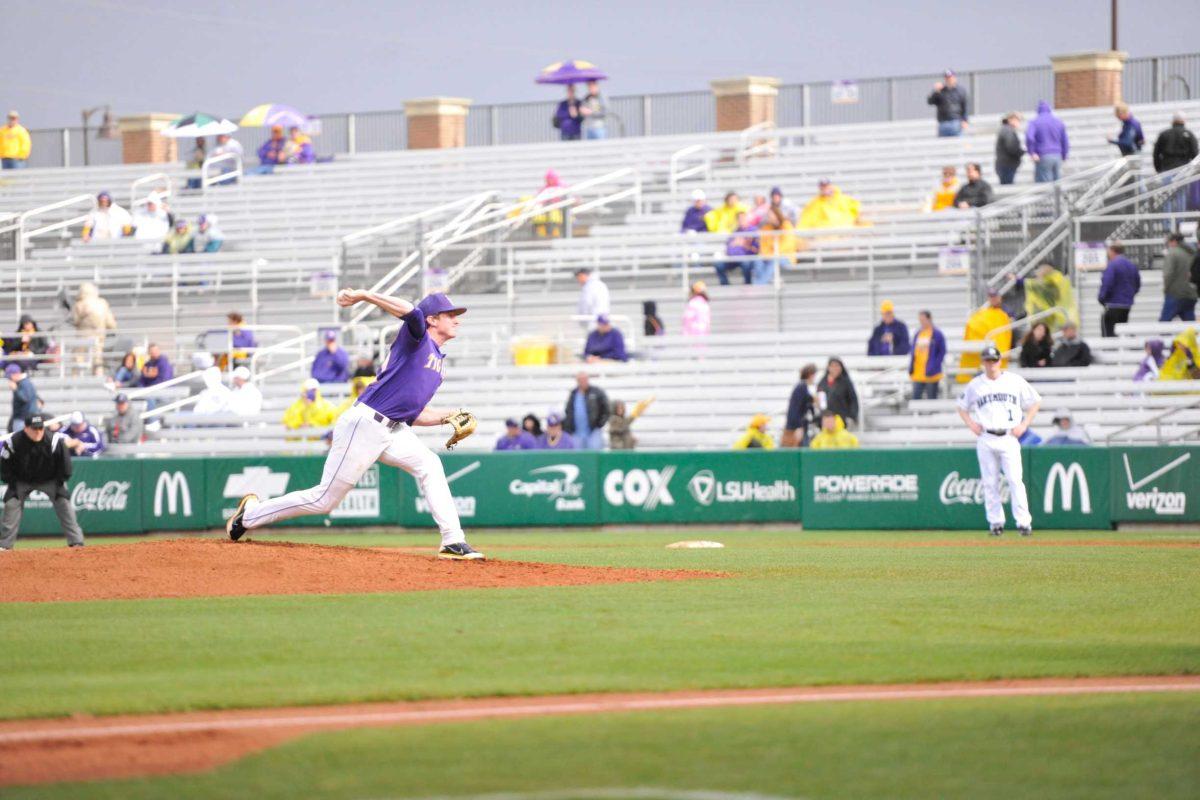 Sophomore Ryan Eades pitches Saturday in the Tigers&#8217; 16-3 blowout against the Dartmouth Big Green.