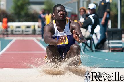 LSU senior jumper Kyron Blaise competes in the triple jump Saturday at the LSU Relays at Bernie Moore Stadium.