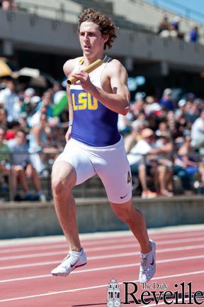 LSU freshman sprinter Trevor Sansone runs March 24 during the men&#8217;s 4x200-meter relay at Bernie Moore Track Stadium.