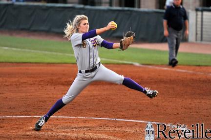 LSU pitcher Meghan Patterson winds up to deliver a pitch Wednesday during the Tigers&#8217; 6-1 win against Nicholls State at Tiger Park.