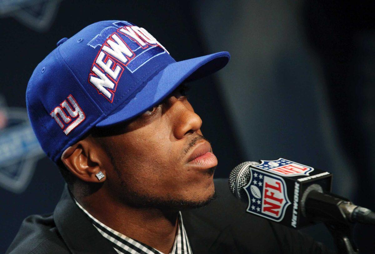 LSU wide receiver Rueben Randle speaks to reporters Friday after being selected as the 63rd pick overall by the New York Giants at Radio City Music Hall in New York.