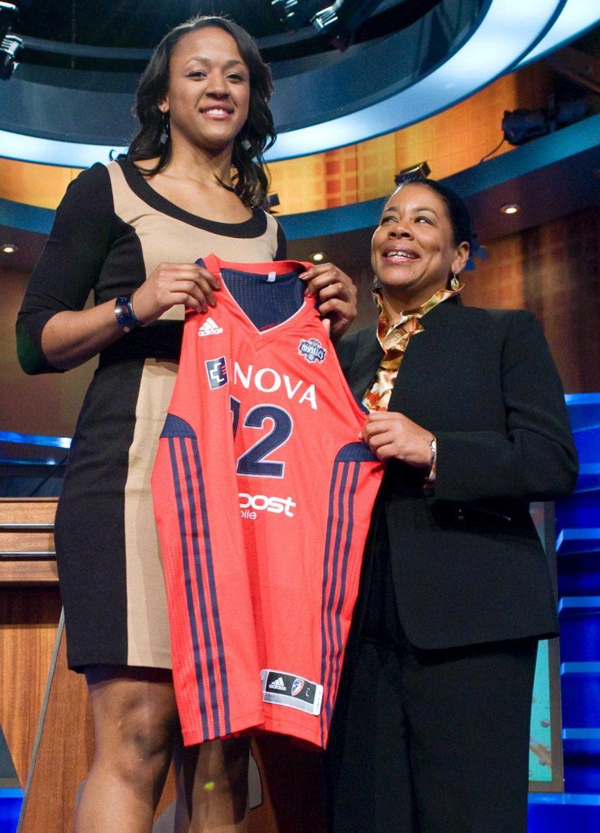 LSU&#8217;s LaSondra Barrett (left) holds up a Washington Mystics jersey with WNBA president Laurel J. Richie on Monday after the Mystics selected Barrett as the No. 10 pick in the WNBA draft in Bristol, Conn.