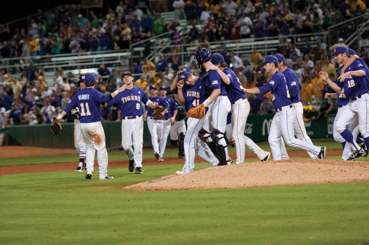 The Tigers celebrate March 17 after their 4-3 victory against the Mississippi State at Alex Box Stadium.