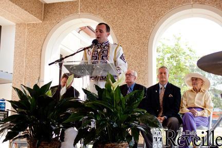 Tiger band drum major, Chase Howard, gives a speech before the ribbon cutting for the new Tiger Band Hall.