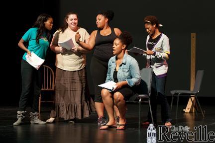 Cast members of New Venture Theater&#8217;s production of &#8220;Steel Magnolias&#8221; rehearse March 26th at the Independence Park Theater.