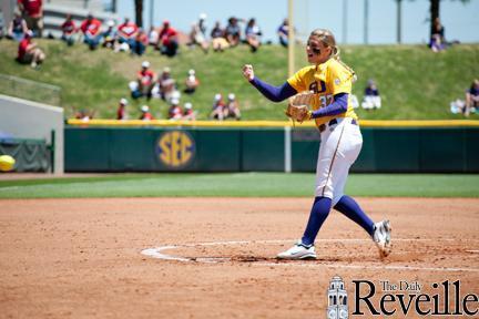 Junior pitcher Rachele Fico hurls the ball to home plate Sunday during the Lady Tigers&#8217; 1-0 loss to Ole Miss at Tiger Park.