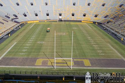 A mower maintains the field of Tiger Stadium on Oct. 24, 2011.