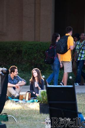 Actress Anna Kendrick sits in the Quad Oct. 24 for the filming of &#8220;Pitch Perfect.&#8221;