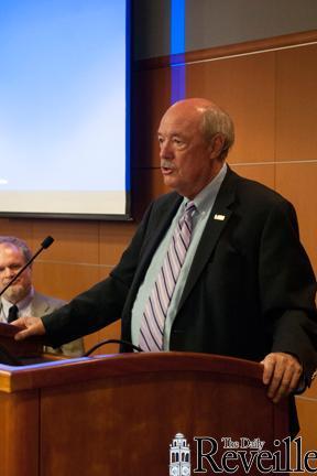 LSU Chancellor Mike Martin expresses his opposition the bill that would allow firearms at the Faculty Senate meeting on Thursday.