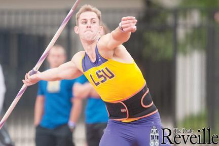 LSU senior thrower Aaron Moore flings the javelin Saturday at the LSU Alumni Gold Meet at Bernie Moore Track Stadium.