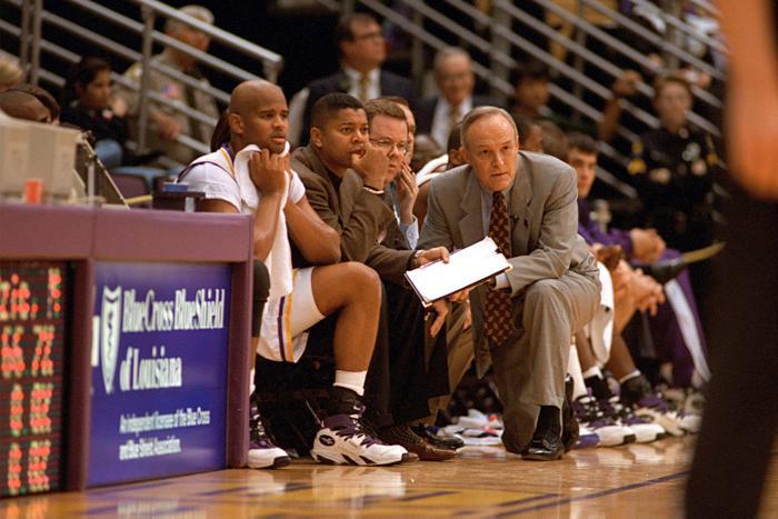 New LSU men&#8217;s basketball coach Johnny Jones (second from left) and former LSU assistant coach Bob Starkey (third from left) developed a brotherly relationship during their time together as LSU basketball assistant coaches from 1990 to 1997.