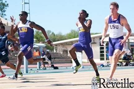 LSU sprinters Aaron Ernest (left), Keyth Talley (center), and Barrett Nugent (right), compete in the 100-meter dash March 24 at the LSU Relays at Bernie Moore Stadium.