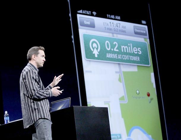 Apple software chief Scott Forstall demonstrates turn-by-turn directions on the new mobile operating software, iOS6, on June 11 at Apple&#8217;s Worldwide Developers Conference.