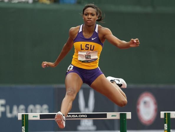 LSU senior Cassandra Tate leaps over a hurdle at last month&#8217;s Olympic trials in Eugene, Ore. Tate won the 400-meter hurdles at the NACAC Championships last weekend.