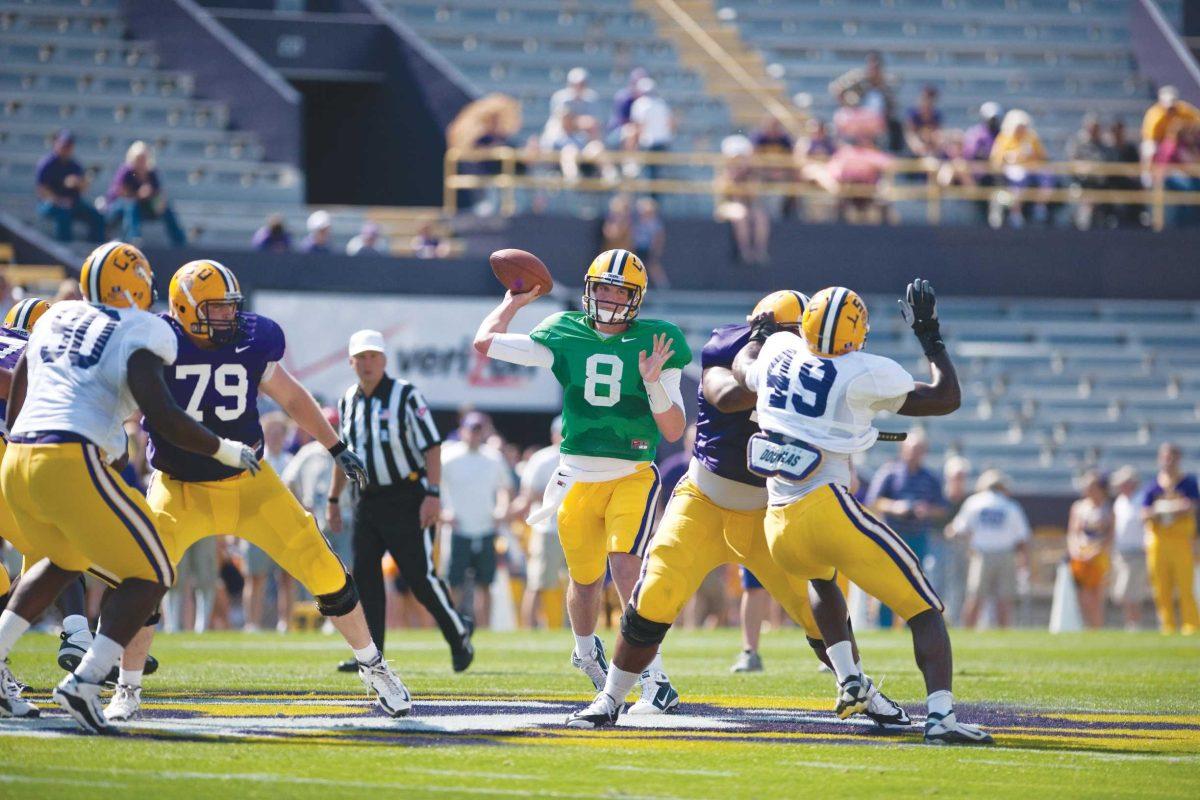 LSU sophomore quarterback Zach Mettenberger (8) throws a pass during the first half of the spring game Saturday, April 9, 2011, at Tiger Stadium.