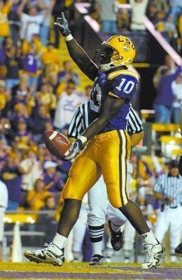 Les Miles was set to lead his first game as LSU&#8217;s head coach against the University of North Texas on August 29, 2005. Hurricane Katrina altered the planned matchup and the game was postponed. The teams finally met on Oct. 29, when the Tigers won, 56-3. LSU running back Joseph Addai celebrates a touchdown in the 2005 game.