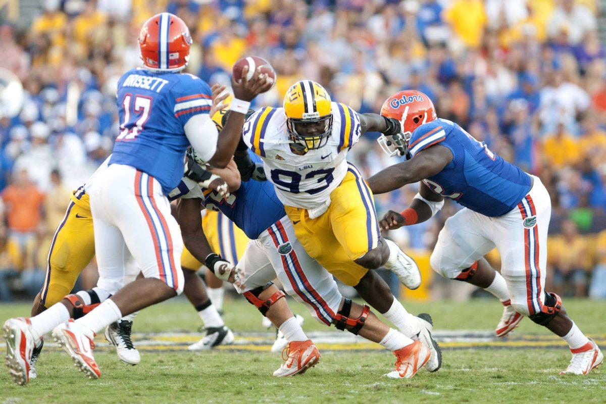 Bennie Logan. #93, breaks through the offensive line and rushes the quarterback during the game on Saturday, Oct. 8, 2011 against Florida.