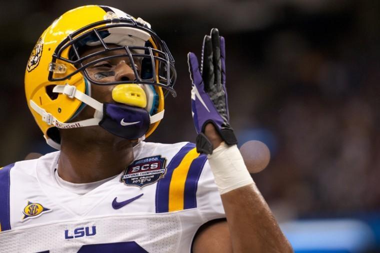 LSU junior wide receiver Russell Shepard blows a kiss to Tiger fans before the Tigers' 21-0 loss to Alabama in the Allstate BCS National Championship game Jan. 9, 2011.
 