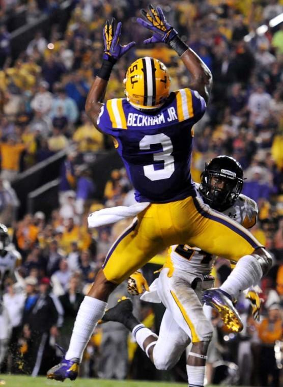 Sophomore wide receiver Odell Beckham Jr., reaches for a touchdown pass during the Sept. 29 game against Towson University.
 