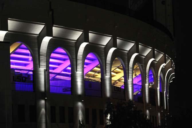 The new purple and gold lights brighten Tiger Stadium's facade Monday night. Sept. 24, 2012.
 