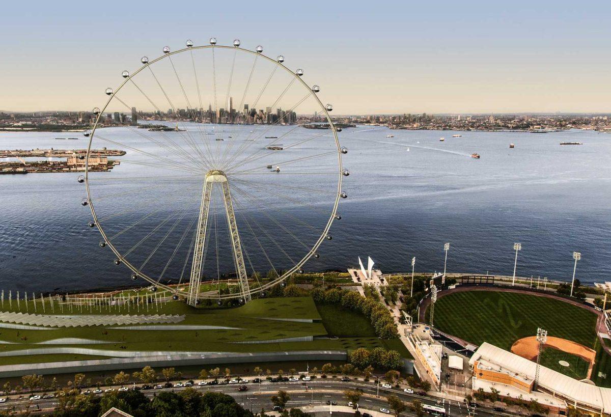 In this image released by the New York Mayor's Office, Thursday, Sept. 27, 2012 is an artist's rendering of a proposed 625-foot Ferris wheel, billed as the world's largest, planned as part of a retail and hotel complex along the Staten Island waterfront in New York. The attraction, called the New York Wheel, will cost $230 million. Officials say the observation wheel will be higher than the Singapore Flyer, the London Eye, and a "High Roller" wheel planned in Las Vegas. Beyond the wheel is the Manhattan skyline. On the lower right is the Richmond County Bank Ballpark, home of the Staten Island Yankees. (AP Photo/Office of the Mayor of New York)