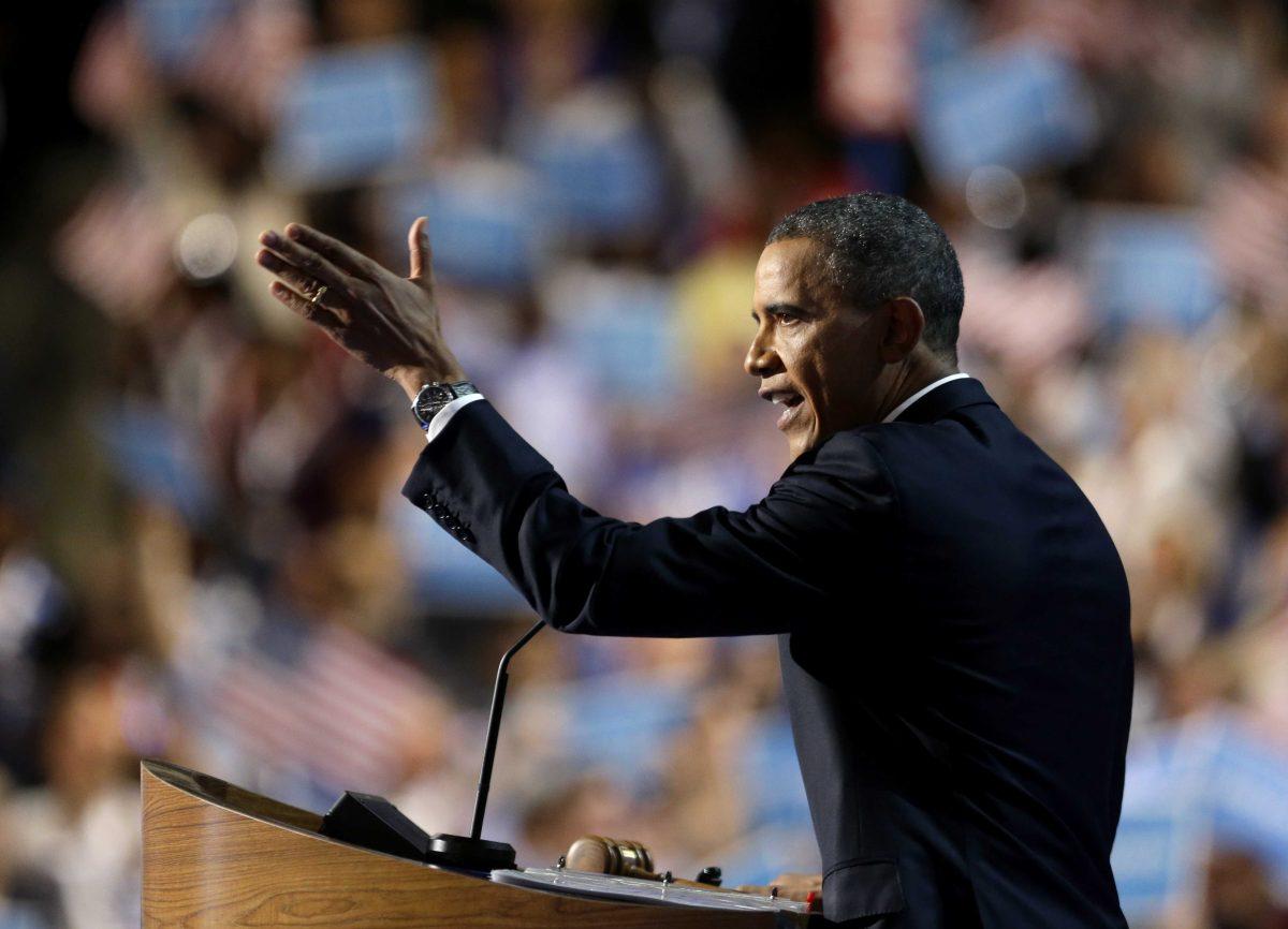 FILE - In this Sept. 6, 2012, file photo President Barack Obama addresses the Democratic National Convention in Charlotte, N.C. A deep obsession with the story of America, who tells it, and who gets to write its next chapter, was a rare piece of common ground that speakers at both the Republican and Democratic conventions managed to share. Over and over, they spun different versions of the same notion. Mitt Romney spoke passionately of &#8220;the essence of the American experience.&#8221; Obama talked emphatically of &#8220;the basic bargain at the heart of America's story.&#8221; (AP Photo/David Goldman, File)