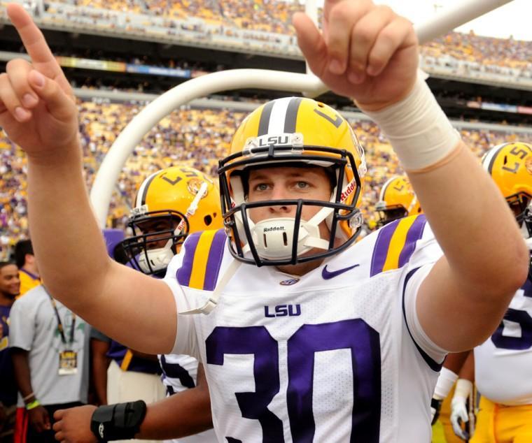 LSU sophomore kicker James Hairston points to the student section during the Tigers&#8217; Sept. 1 game against North Texas in Tiger Stadium.
 