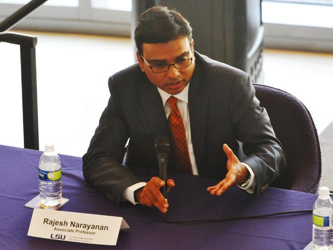 Rajesh Narayanan speaks at the second LSU 2012 Political Forum on economy which was held on Thursday afternoon in the rotunda of the Business Education Complex.
 