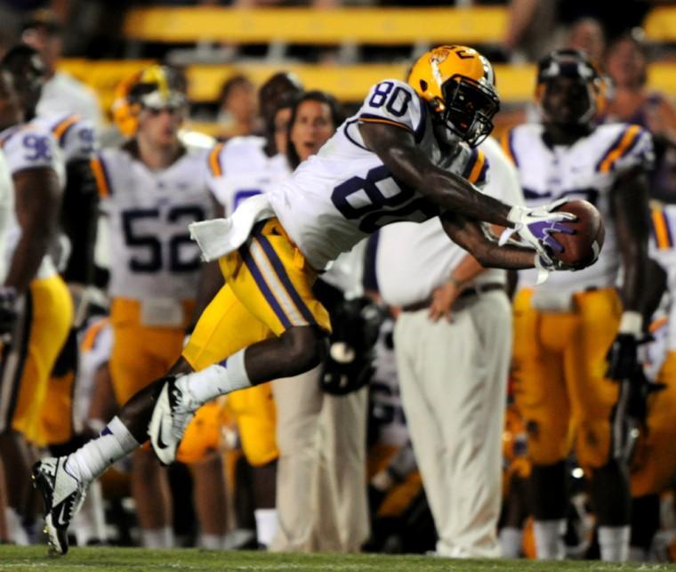 LSU sophomore wide reciever Jarvis Landry (80) makes a finger tip catch in Saturday's game vs North Texas in Tiger Stadium. Saturday, Sept. 1, 2012.
 