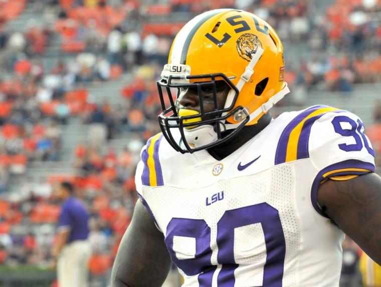 LSU sophomore defensive tackle Anthony Johnson (90) awaits his turn in the warm up rotation before the Tigers' 12-10 victory over Auburn on Saturday Sept. 22, 2012 in Jordan-Hare Stadium.
 