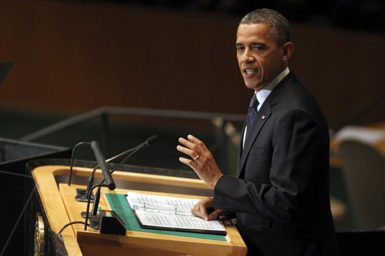 President Barack Obama addresses the 67th session of the United Nations General Assembly at U.N. headquarters, Tuesday, Sept. 25, 2012. (AP Photo/Mary Altaffer)
 