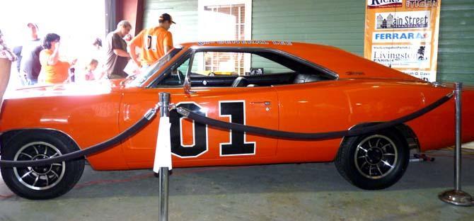 General Lee, a modified 1969 Dodge Charger R/T made specifically for the television show The Dukes of Hazzard, stands on display at The Dukes of Hazzard Family Reunion and Car Show Saturday evening.
 