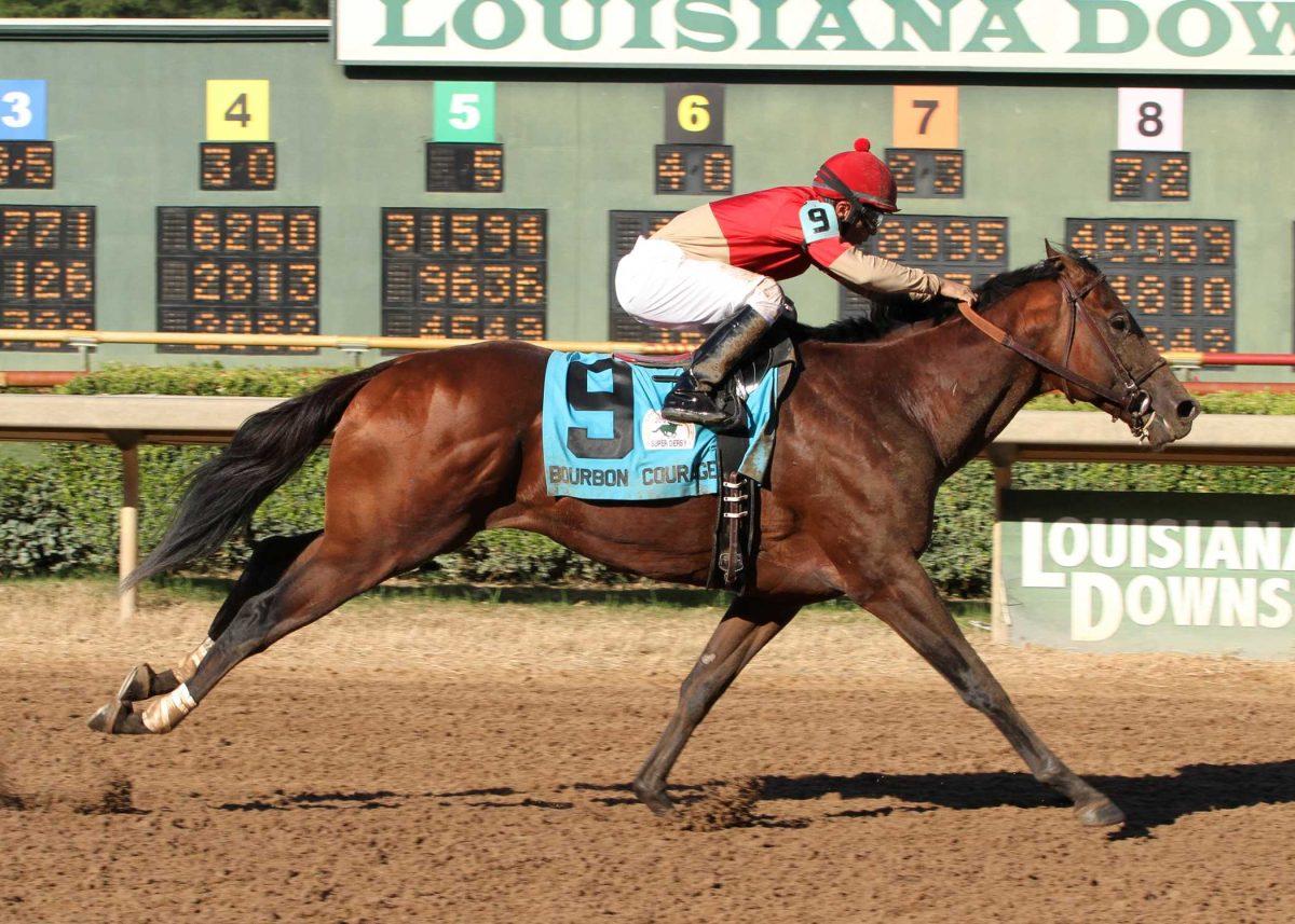 In a photo provided by Louisiana Downs, Bourbon Courage, with jockey Leandro Goncalves up, wins the Grade II $500,000 Super Derby horse race Saturday, Sept. 8, 2012, at Louisiana Downs in Bossier City, La. (AP Photo/Louisiana Downs/Hodges Photography, Lou Hodges Jr.)