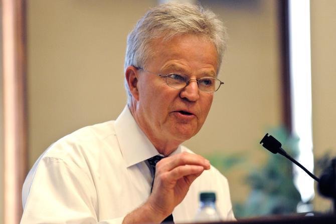 Former Louisiana governor Buddy Roemer speaks to Manship School students Tuesday afternoon in the Holliday Forum of the Journalism Building.
 