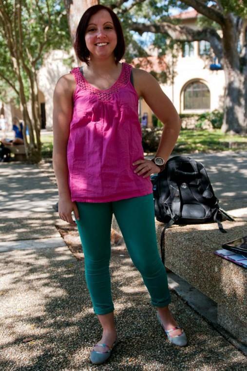 Sports administration senior Gaby Rodriguez paired her turquoise skinny jeans with Mary Jane ats and a fuchsia sleeveless blouse.
 