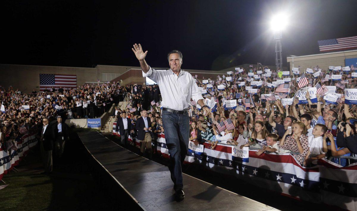 Republican presidential candidate and former Massachusetts Gov. Mitt Romney campaigns at D&#8217;Evelyn High School in Denver, Sunday, Sept. 23, 2012. (AP Photo/Charles Dharapak)