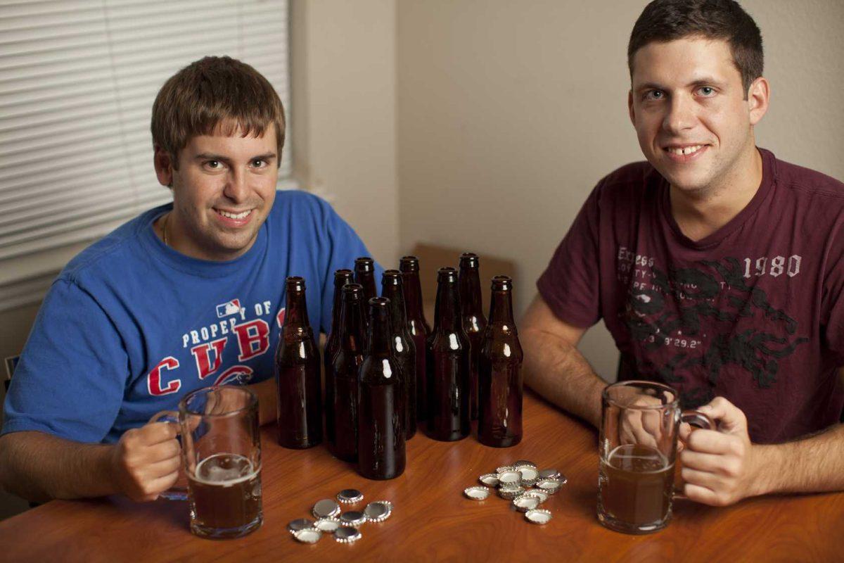 Ryan Hildebrant, left, and his roomate, AJ Beau, right, enjoy one of their home brews.