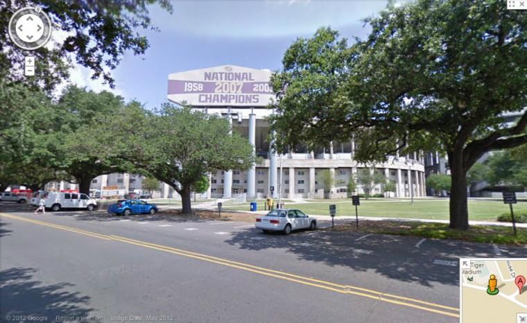 A screencap taken of Tiger Stadium on Tuesday shows the south end zone as it appears from South Stadium Drive. Screencap courtesy of GOOGLE.
 