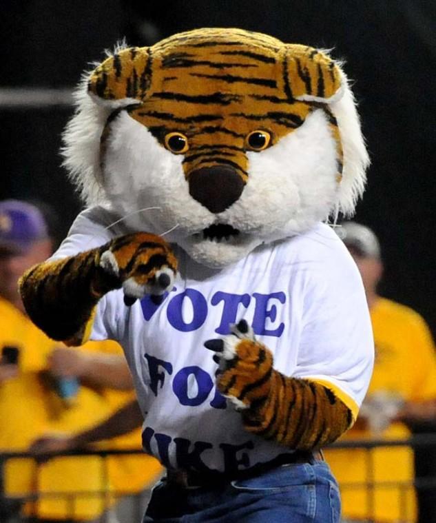 Mike the Tiger dances Saturday, Oct. 13, 2012 during the Tigers' 23-21 win against South Carolina in Tiger Stadium.
 