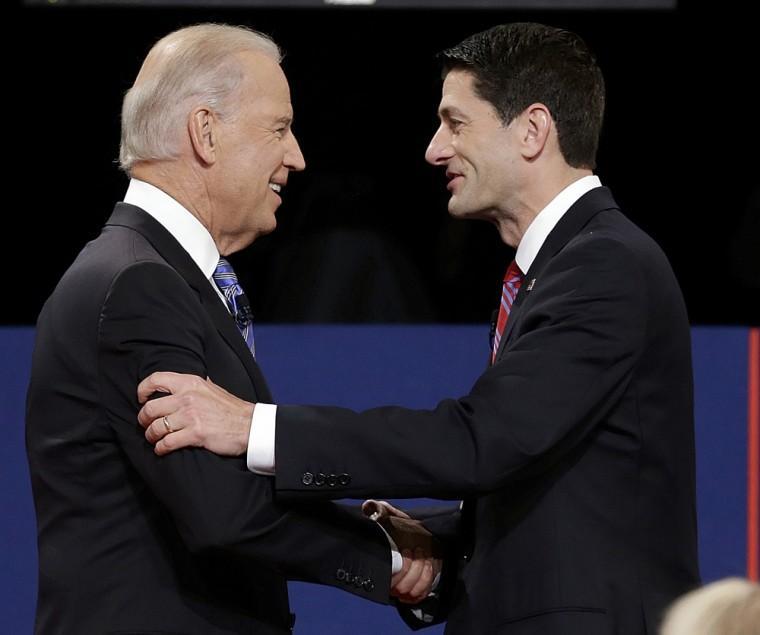 Vice President Joe Biden and Republican vice presidential nominee Rep. Paul Ryan of Wisconsin shake hands before the vice presidential debate at Centre College, Thursday, Oct. 11, 2012, in Danville, Ky. (AP Photo/Charlie Neibergall)
 