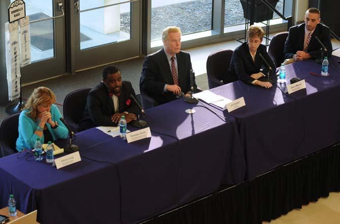 The final 2012 LSU Election Forum discusses civil liberties Thursday, Oct. 25, in the Business Education Complex, moderated by Jim Engster. From left to right, Alecia Long, associate professor of history, Brandon Smith, community affairs liaison for the Office of Equity, Diversity &amp; Community Outreach, Jim Engster, host of The Jim Engster Show on WRKF, Elaine Maccio, associate professor in the School of Social Work and Michael Pasquier, assistant professor in the department of Philosophy &amp; Religious Studies
 