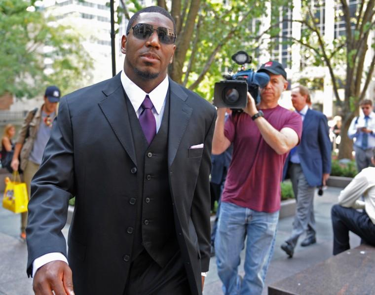 FILE - In this Sept. 17, 2012 file photo, New Orleans Saints linebacker Jonathan Vilma arrives at the NFL football headquarters to meet with Commissioner Roger Goodell, in New York. Vilma is again asking a federal judge to overturn his suspension in the NFL's bounty probe of the Saints. In papers filed in U.S. District Court in New Orleans on Monday, Oct. 15, 2012, Vilma says Goodell engaged in a 