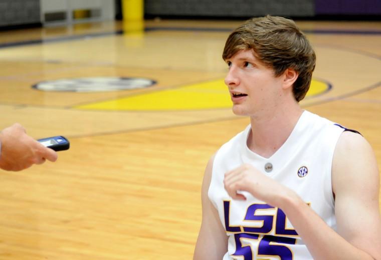 LSU senior center Andrew Del Piero talks to a reporter Oct. 10, 2012 during men's basketball media day in the PMAC.
 